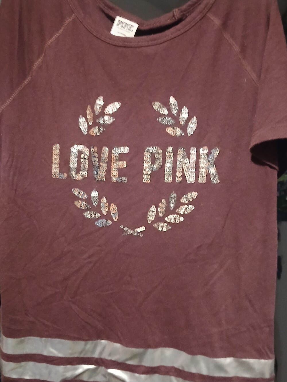 PINK Victoria's Secret Maroon Top with Silver Sequin Logo